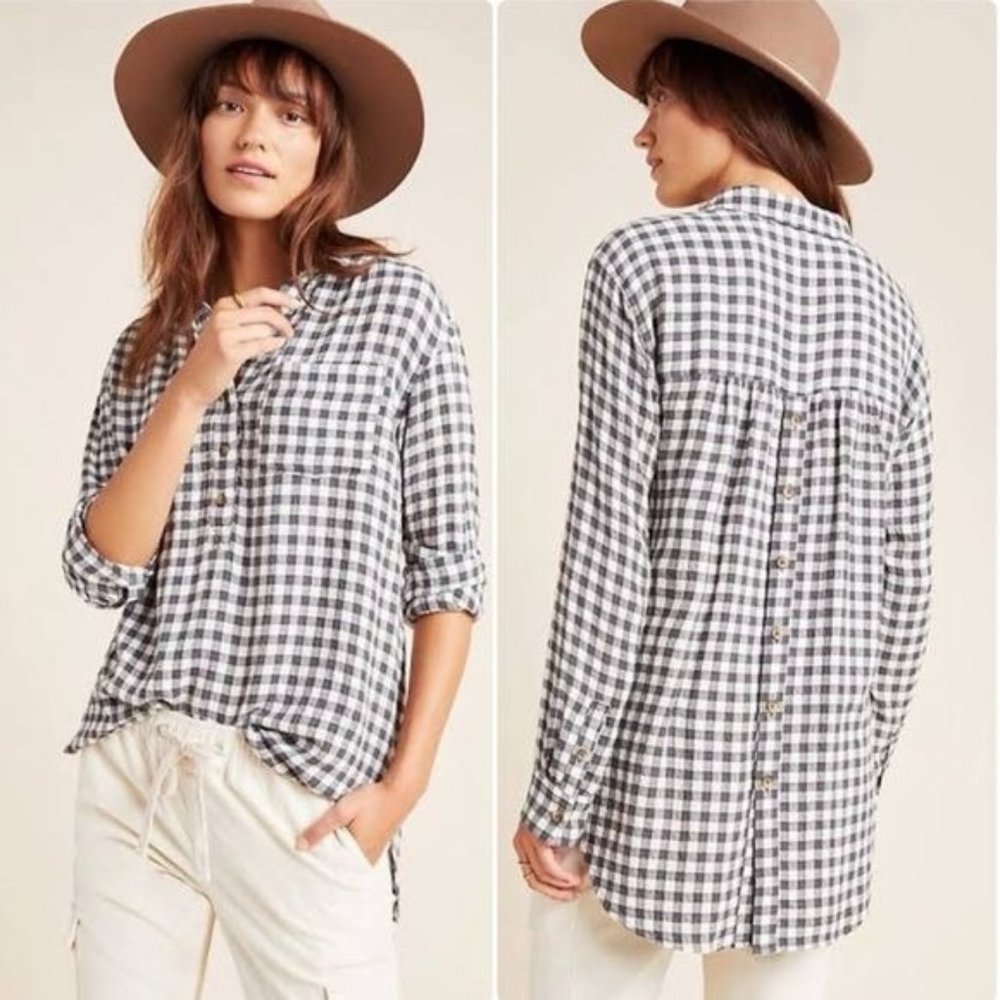 ANTHROPOLOGIE Isadora Button Back‎ Black/White Flannel Tunic Sz XS